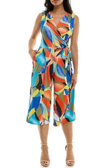 Nina Leonard Surplice Culotte Crop Jumpsuit In Multi