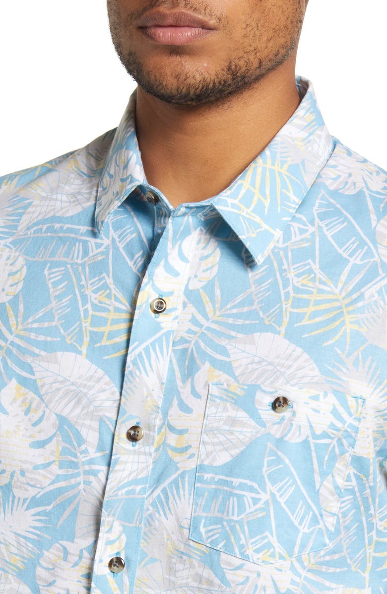 TravisMathew Men's Lift a Glass Leaf Print Stretch Short Sleeve Button-Up Shirt, Alternate, color,