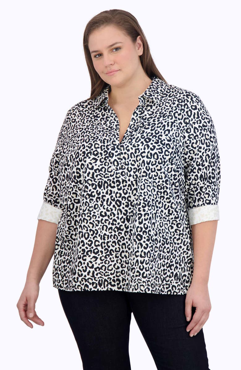 Foxcroft Sophia Leopard Print Three-Quarter Sleeve Cotton Popover Shirt, Alternate, color, 