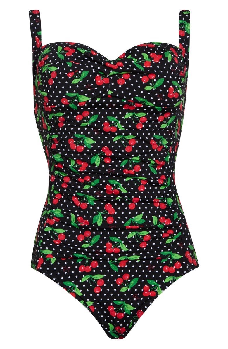 Betsey Johnson Sweetheart Ruched One-Piece Swimsuit, Main, color, Cherry Print