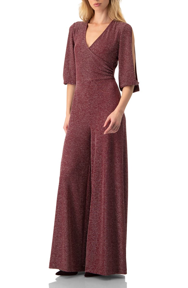 IVONNE Shimmering V-Neck Jumpsuit with 3/4 Sleeves, Alternate, color, Wine
