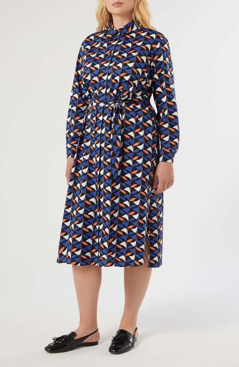 Marina Rinaldi Voyage Collection Print Long Sleeve Stretch Poplin Shirtdress, Main, color, Navy