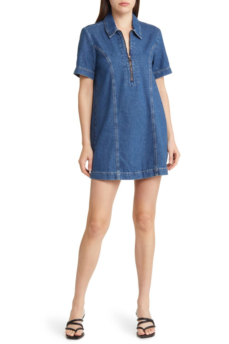 Quarter-Zip Stretch Organic Cotton Denim Minidress, Alternate, color, INDIO