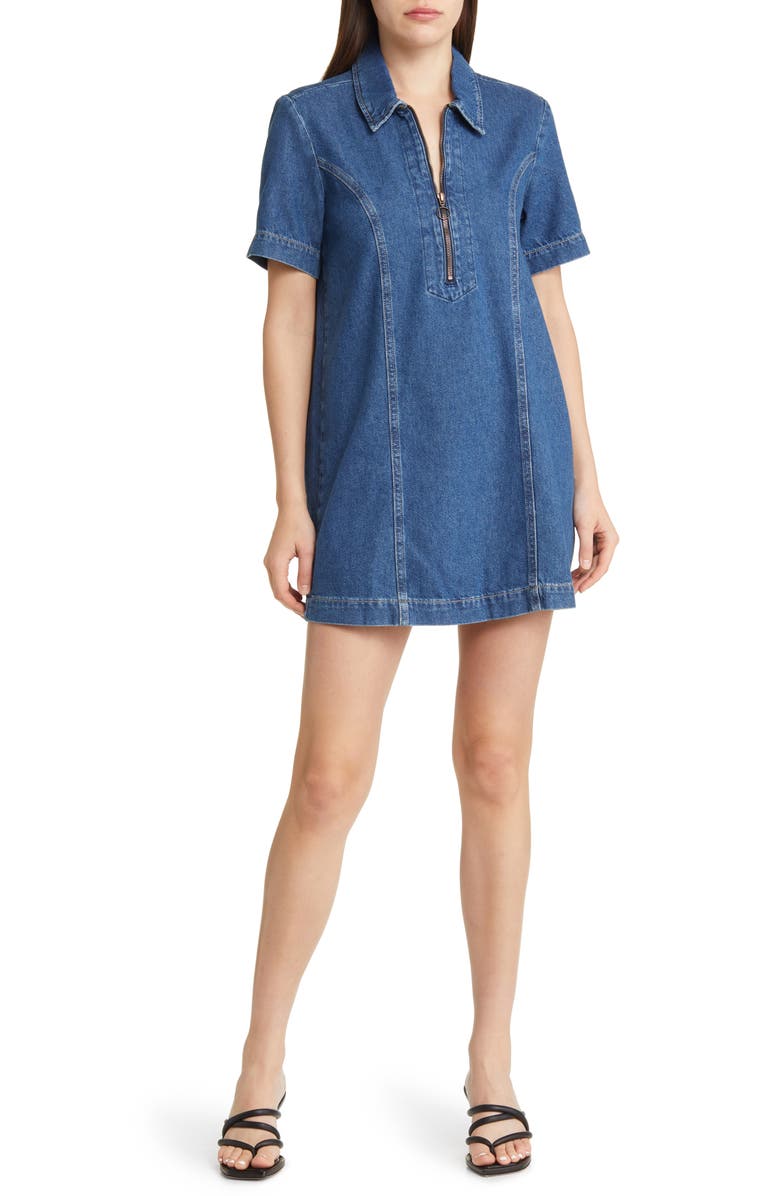 Reformation Quarter-Zip Stretch Organic Cotton Denim Minidress, Alternate, color, 