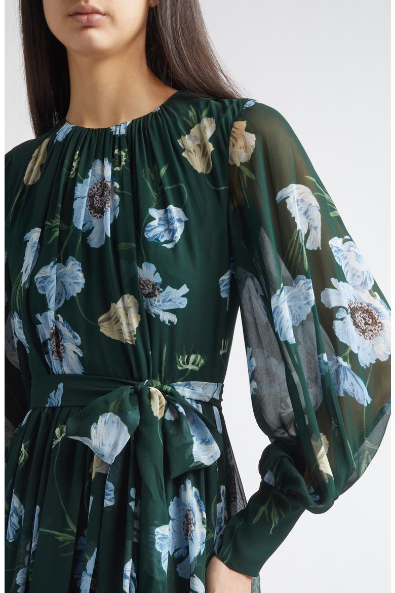 Floral Long Sleeve Silk Voile Gown, Alternate, color, BELLE EPOQUE POPPY DARK GREEN