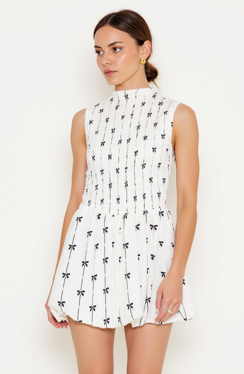 Modenaire Sleeveless Smocked Mini Dress with High Neckline, Alternate, color, White / Black