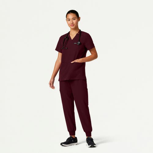 Jaanuu 3-pocket Classic Notched V-neck Scrub Top In Burgundy
