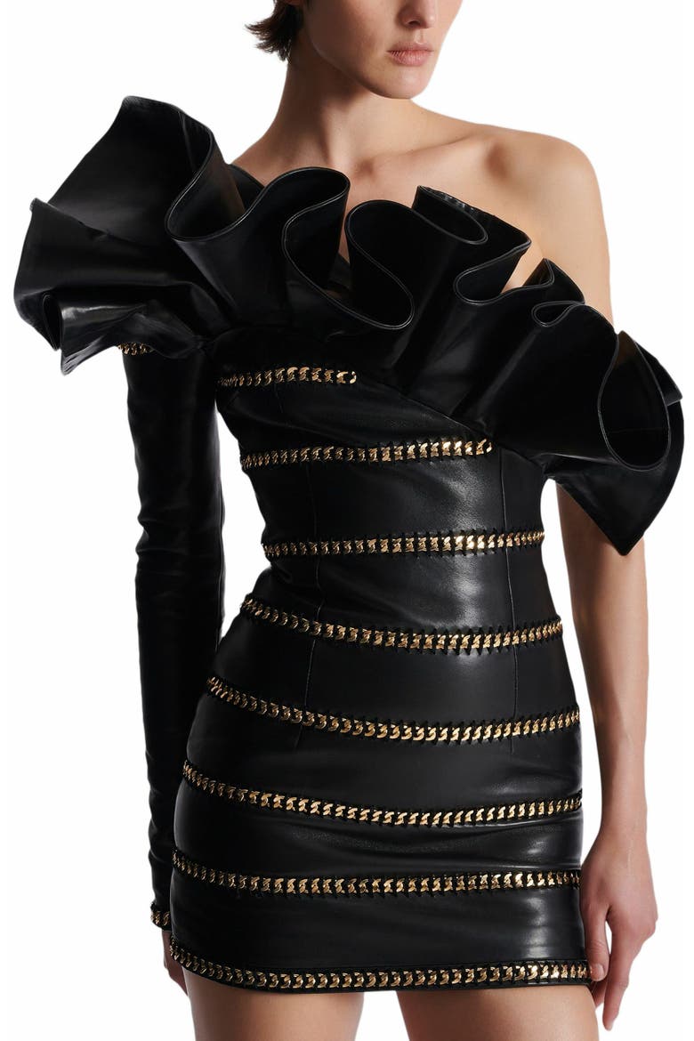 Asymmetric Leather Bodycon Dress With Chains, Alternate, color, Black