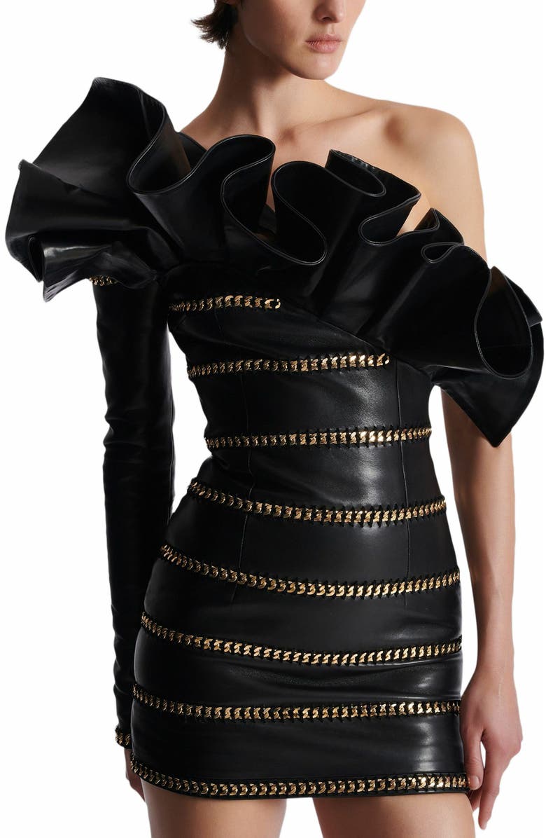 Balmain Asymmetric Leather Bodycon Dress With Chains, Alternate, color, Black
