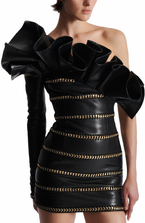 Balmain Asymmetric Leather Bodycon Dress With Chains In Black