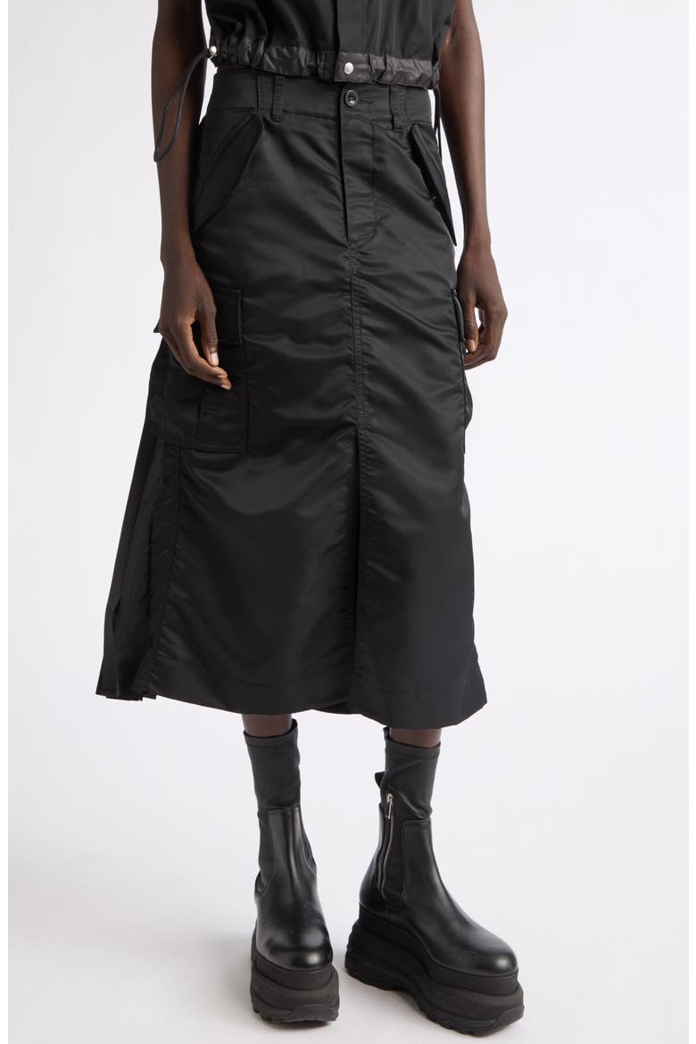 Nylon Twill Midi Skirt, Main, color, BLACK