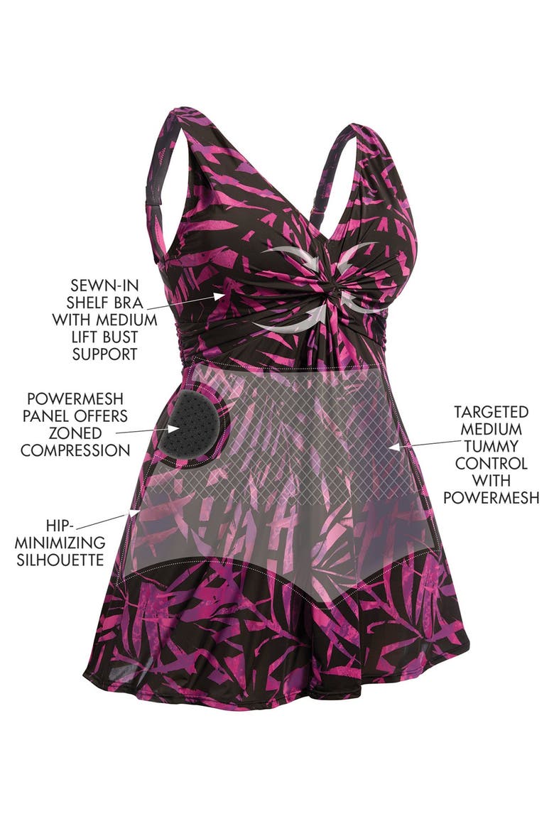 Twist-Front V-Neck Tummy Control A-Line Swim Dress, Alternate, color, PURPLE MULTI FLORAL