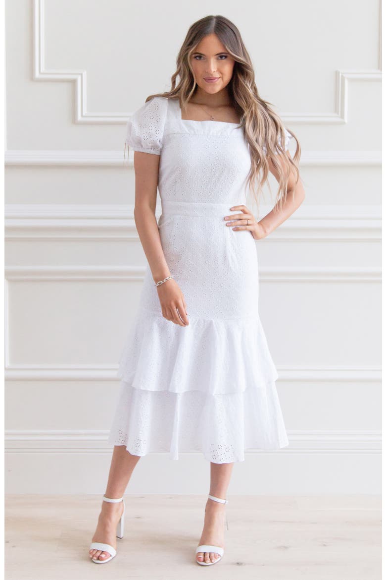 Tiered Eyelet Midi Dress, Alternate, color, WHITE