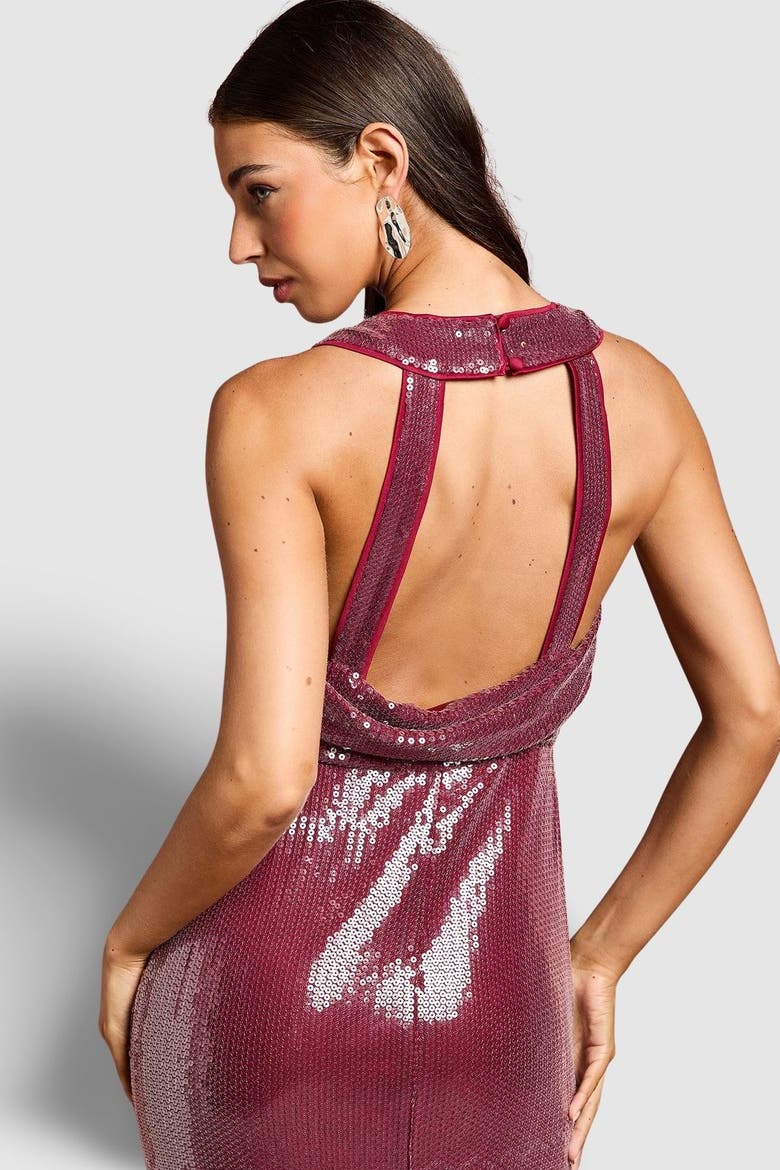 Cowl Front Halter Sequin Maxi Dress, Alternate, color, Plum
