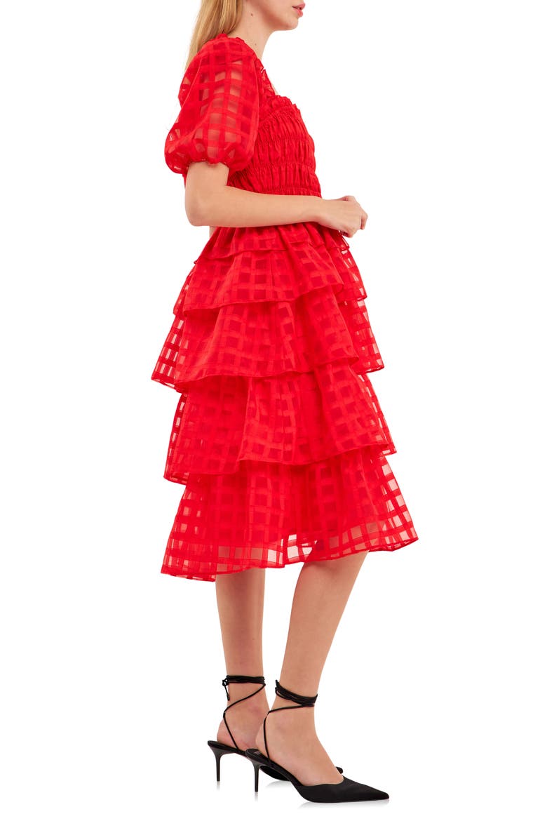 Grid Pattern Tiered Ruffle Dress, Alternate, color, RED