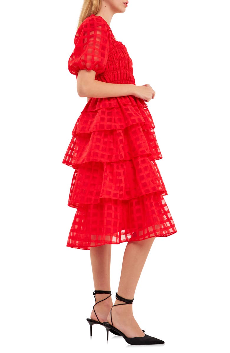 English Factory Grid Pattern Tiered Ruffle Dress, Alternate, color, Red