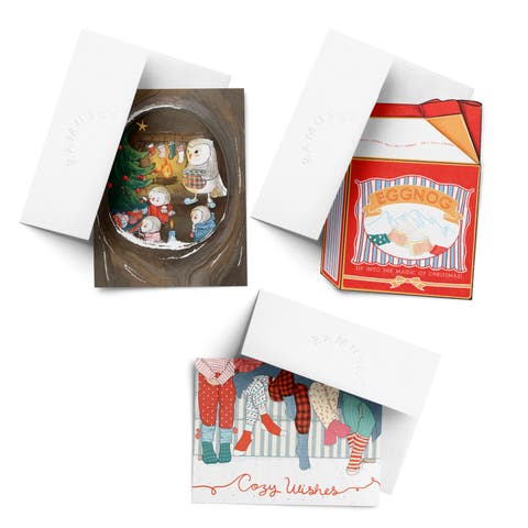 Merry Owls, Eggnog, Cozy Wishes Winter/Holiday/Christmas Greeting Card Pack Sets (3 ct, Assorted)