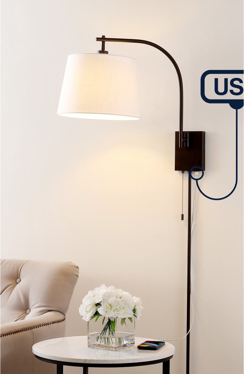 JONATHAN Y Gosling 22.5" 1-Light Mid-Century Modern Plug-In or Hardwired Iron LED Gooseneck Swing Arm Wall Sconce with Pull-Chain and USB Charging Port, Oil Rubbed Bronze, Alternate, color, 