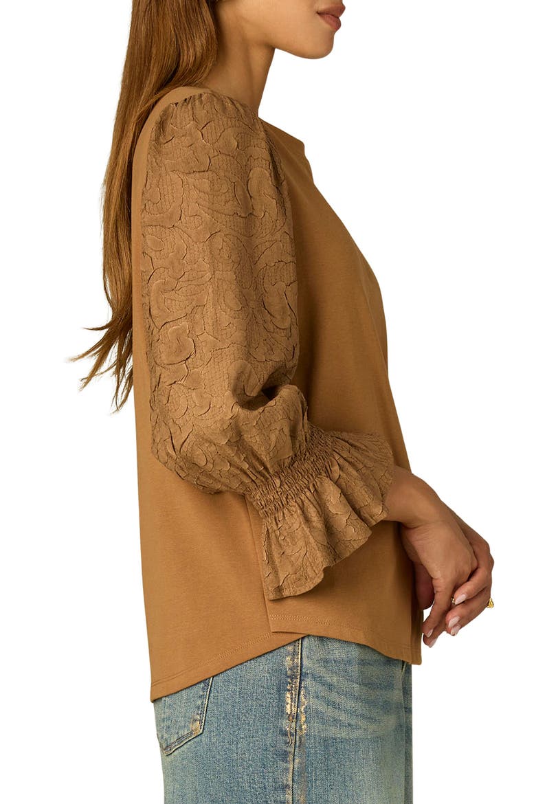 Mixed Media Smocked Sleeve Top, Alternate, color, BUTTER TOFFEE
