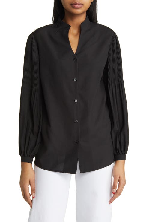 Pleated Balloon Sleeve Crepe Button-Up Blouse