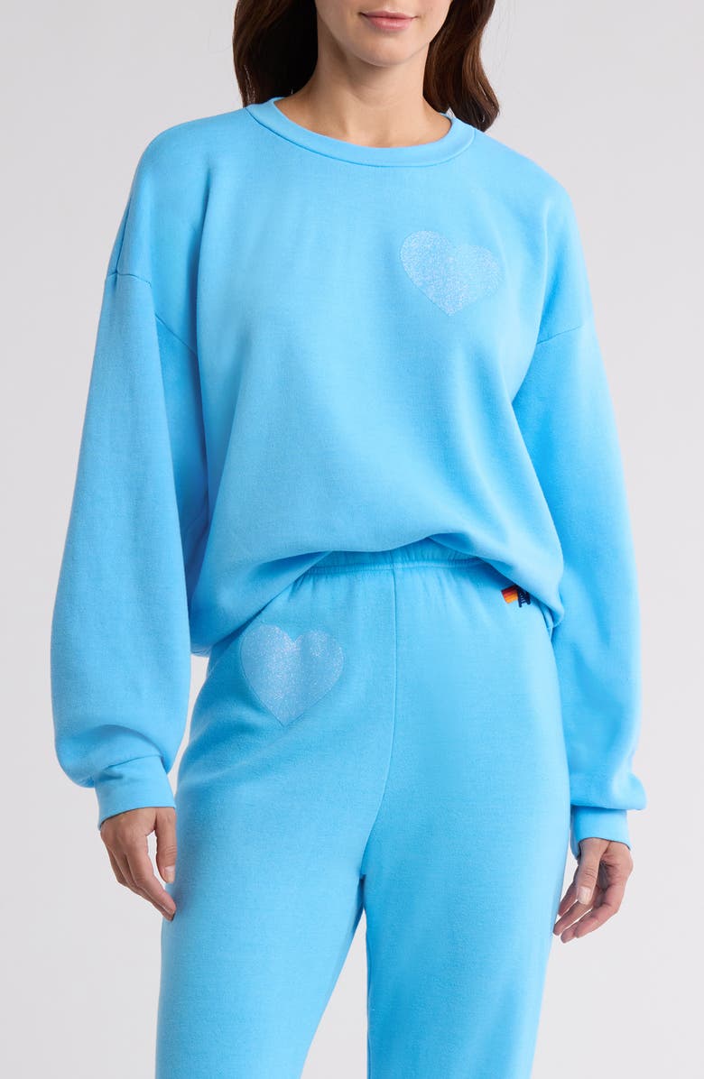 Aviator Nation Glitter Heart Crewneck Sweatshirt, Main, color, Sky/ Blue