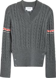 Thom Browne Cable Knit Virgin Wool V-Neck Sweater