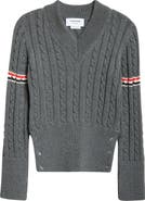 Thom Browne Cable Knit Virgin Wool V-Neck Sweater
