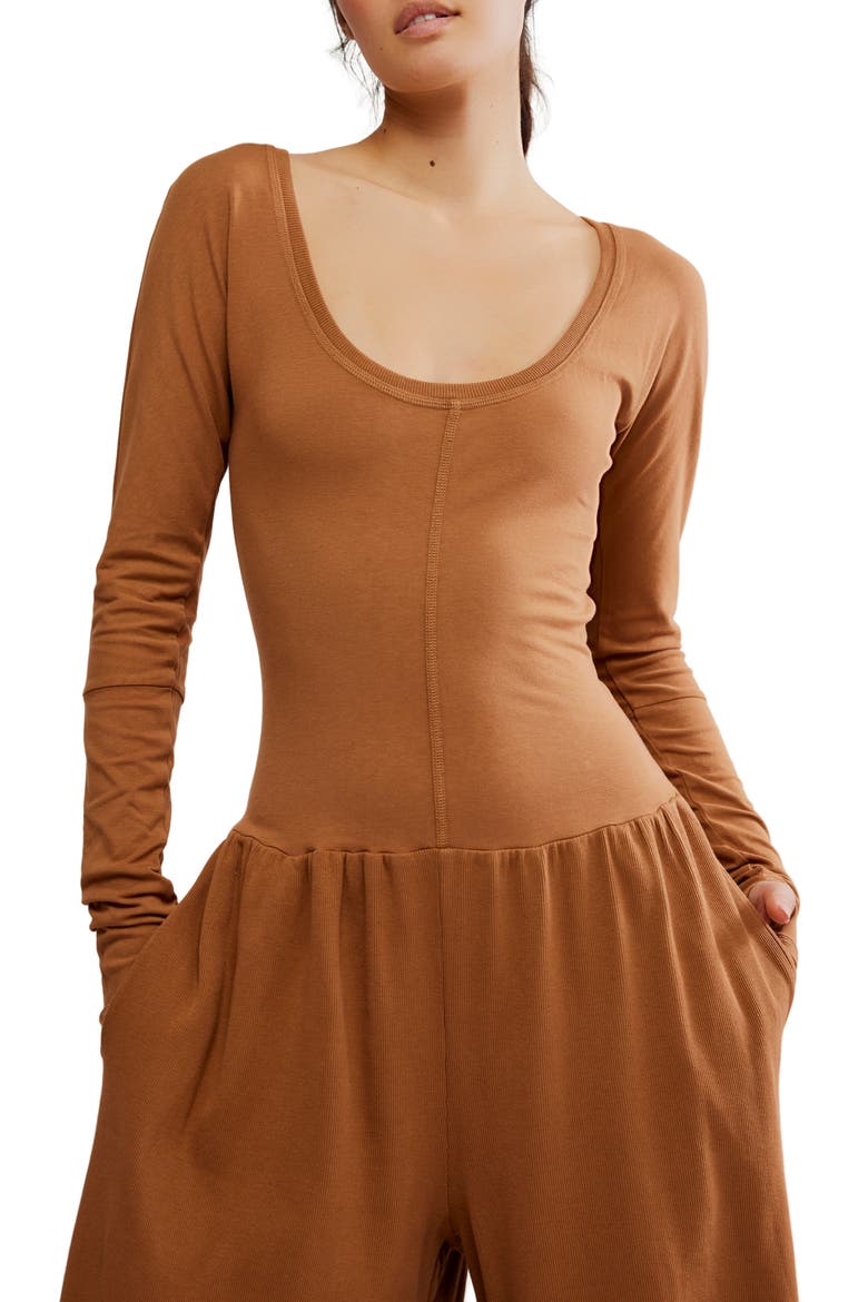 FP Movement Hot Shot Wide Leg Long Sleeve Jumpsuit, Alternate, color, TAN