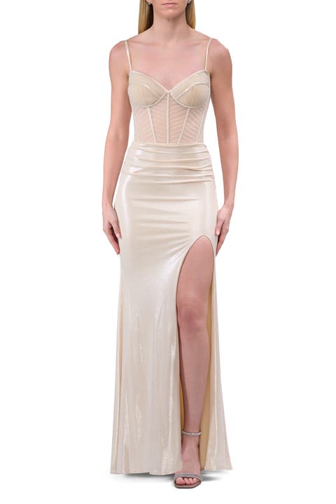 Metallic Prom Dress with Intricate Ruched Corset Top