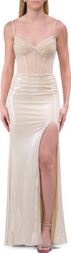 La Femme Metallic Prom Dress with Intricate Ruched Corset Top