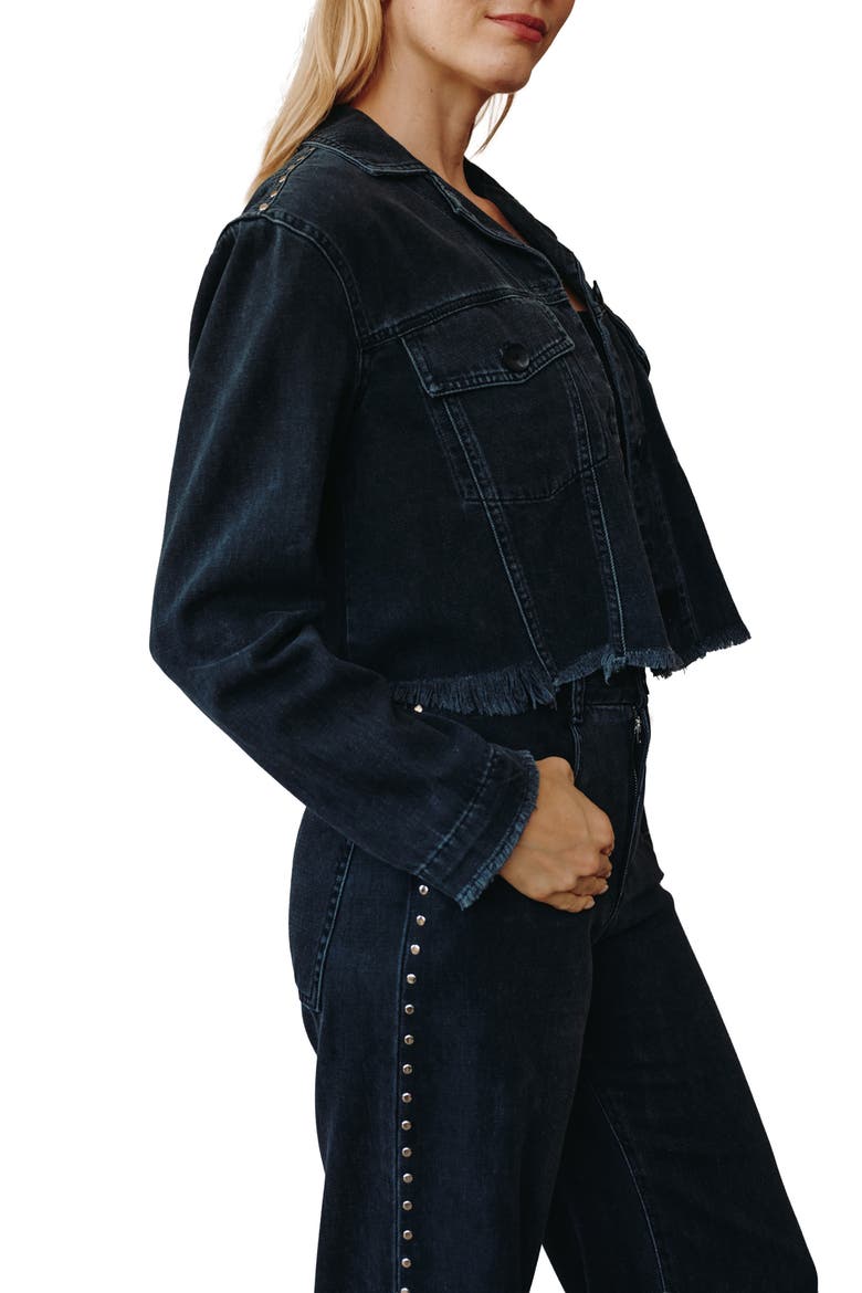 Anya Studded Fringe Trim Denim Jacket, Alternate, color, MOON SHADOW WASH