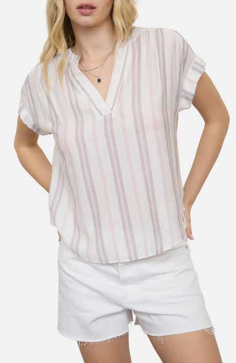 Blu Pepper Stripe Split Neck Top