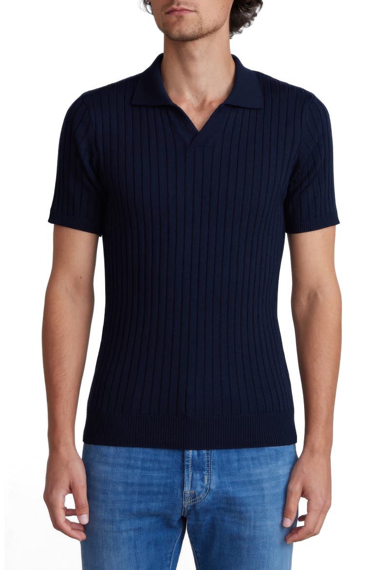 Vertical Rib Short Sleeve Merino Wool Knit Polo, Main, color, NAVY