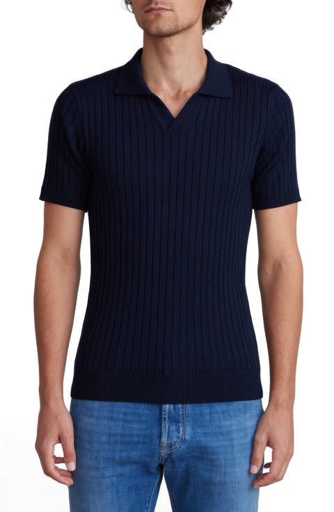 Vertical Rib Short Sleeve Merino Wool Knit Polo