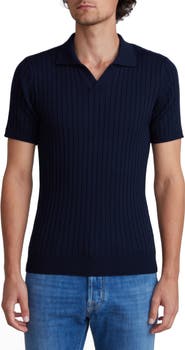 Emanuel Berg Vertical Rib Short Sleeve Merino Wool Knit Polo