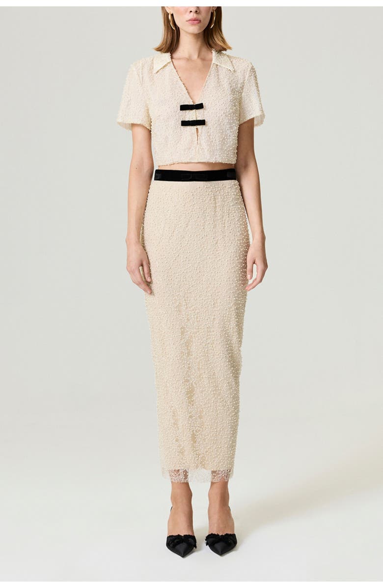 Nocturne Pearl Embellished Bow Crop Blouse, Alternate, color, Beige