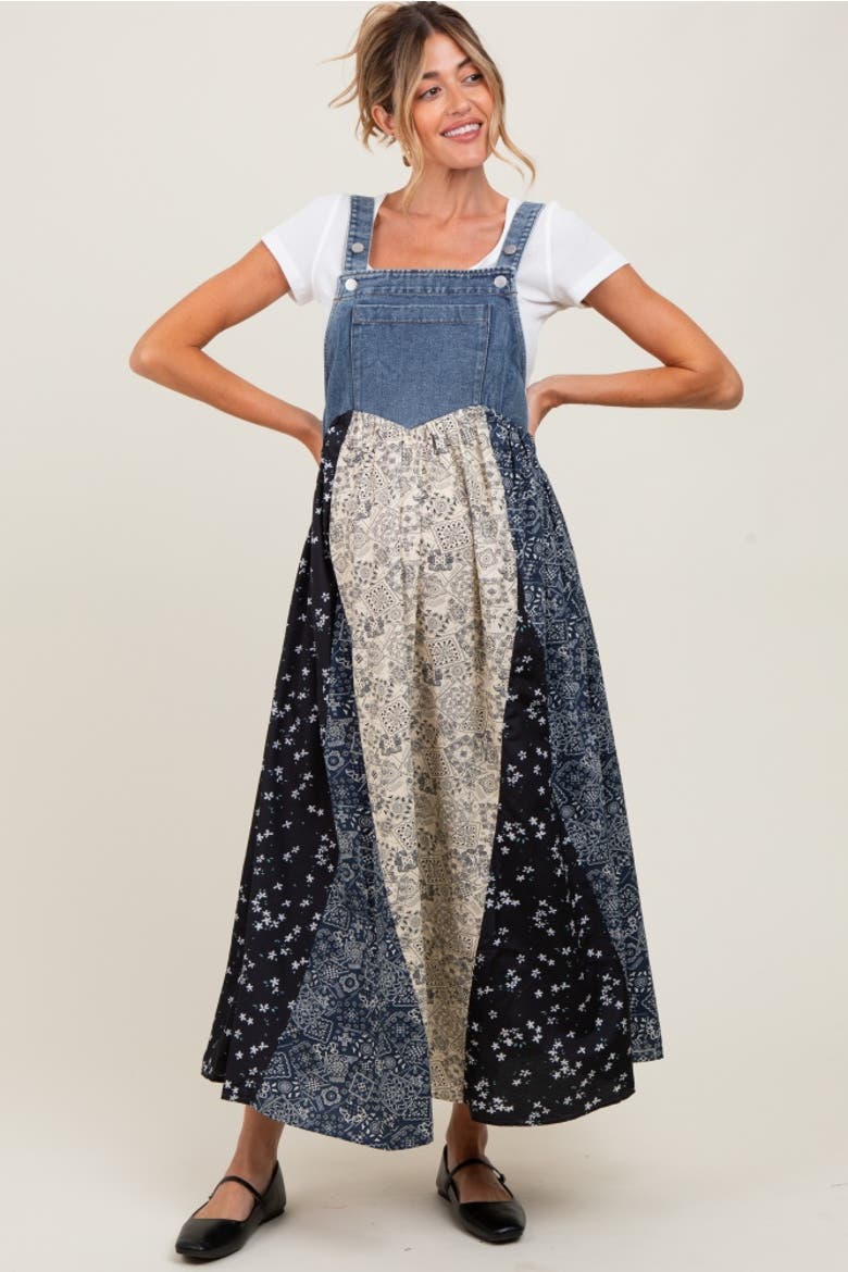 Floral Colorblock Print Denim Contrast Dress, Alternate, color, Blue