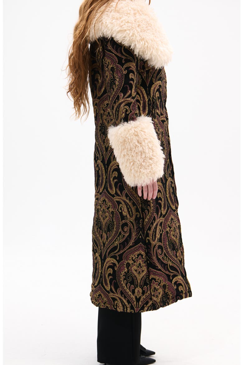 Otelia Jacquard Coat with Faux Fur Trim, Alternate, color, BLACK MULTI
