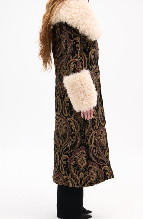 Azalea Wang Otelia Jacquard Coat With Faux Fur Trim In Brown