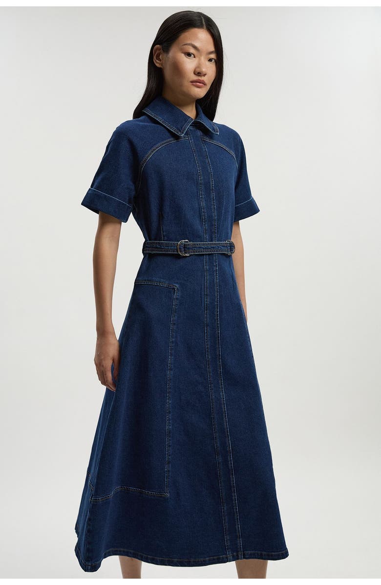 Karen Millen Petite Stretch Denim Tab Belt Midi Dress, Main, color, Mid Wash