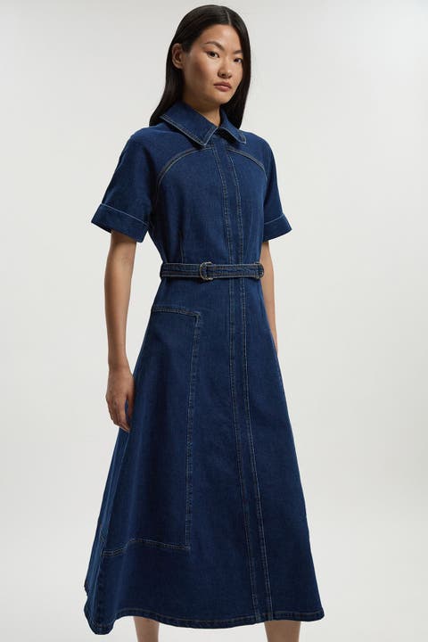 Petite Stretch Denim Tab Belt Midi Dress