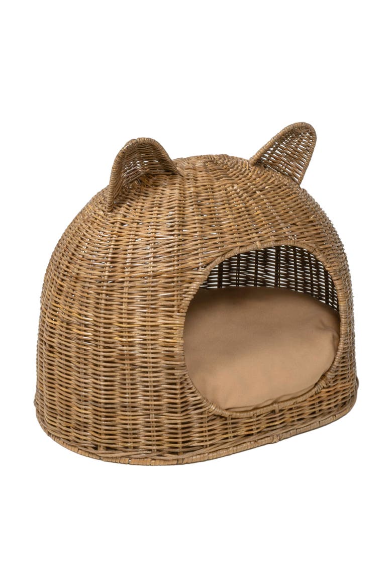 Cat Ear Water Hyacinth Pet Bed with Machine-Washable Cushion, Alternate, color, Natural