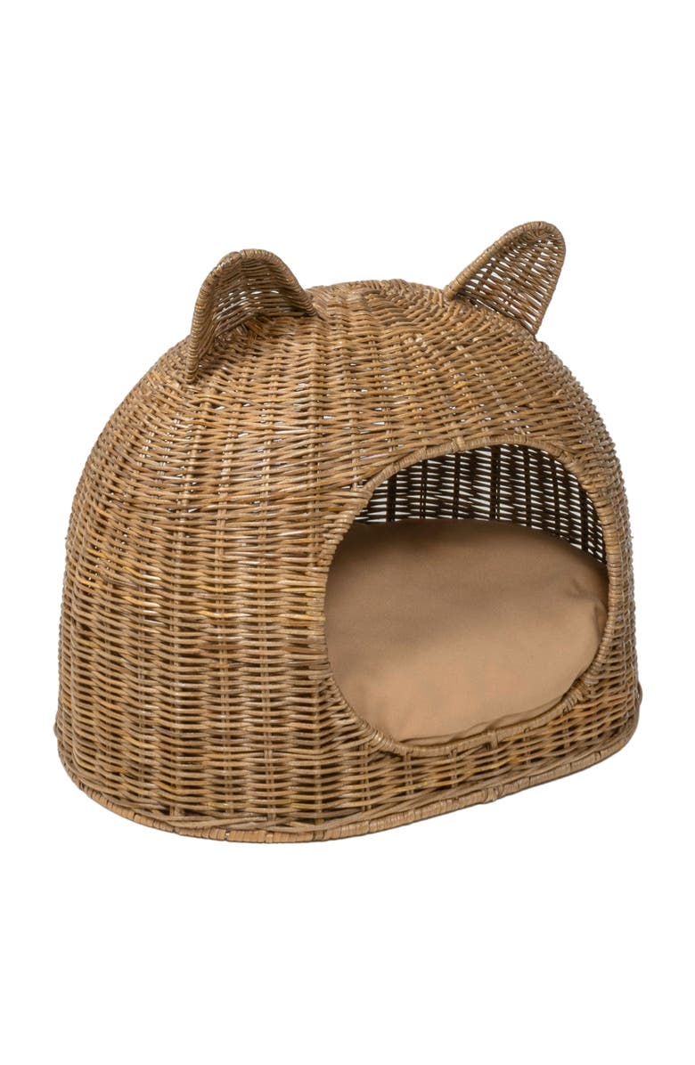 The Licker Store Cat Ear 20" x 14.5" Coastal Handwoven Rattan Pet Bed with Machine-Washable Cushion, Alternate, color, Natural