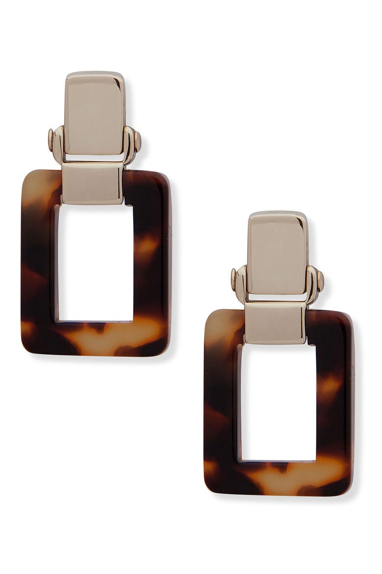 Rectangular Tortoise Link Drop Earrings, Main, color, BROWN