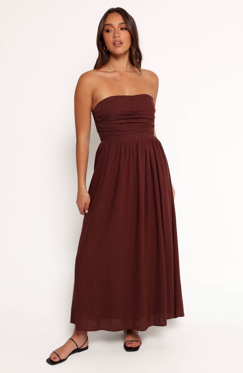 Petal & Pup Kayt Strapless Linen Blend Maxi Sundress, Alternate, color, Chocolate Brown