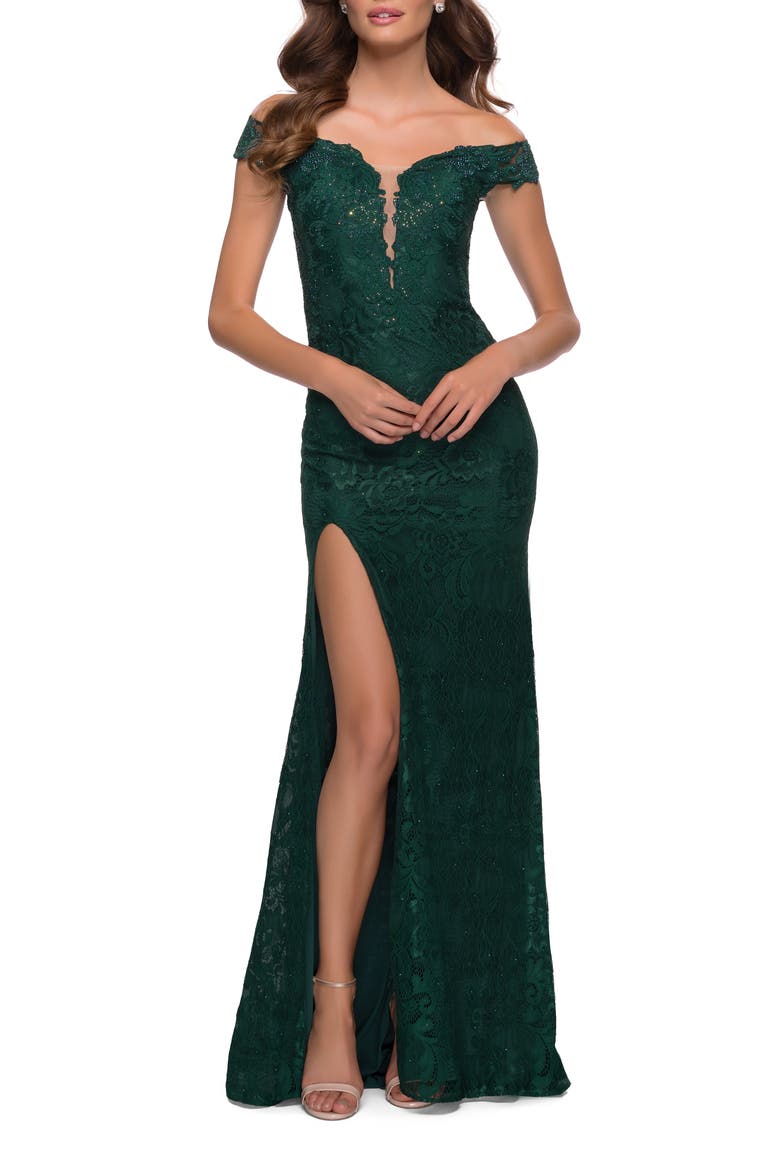 Lace Off the Shoulder Gown with Deep V Neckline, Main, color, Emerald