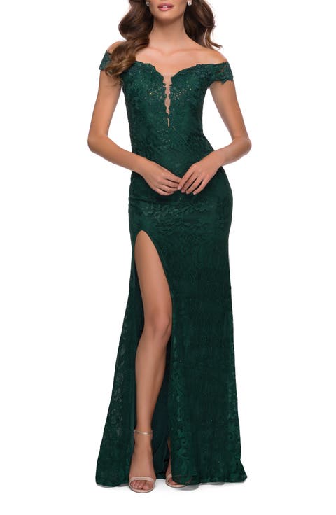 Lace Off the Shoulder Gown with Deep V Neckline