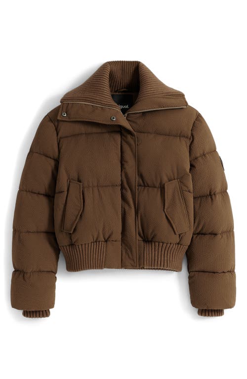 Desigual Mixed Media Puffer Jacket In Brown