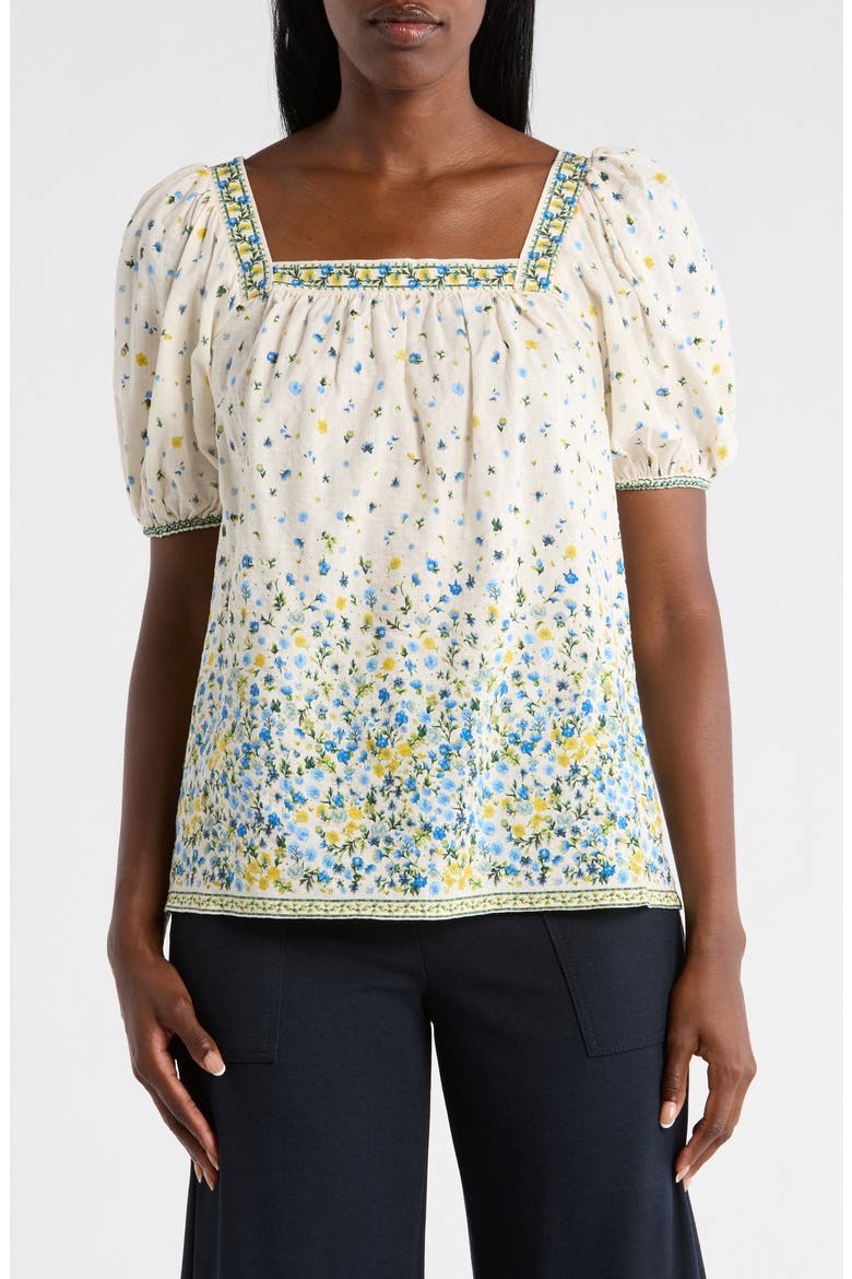 Printed Square Neck Top, Main, color, CREAM/ BLUE DITSY