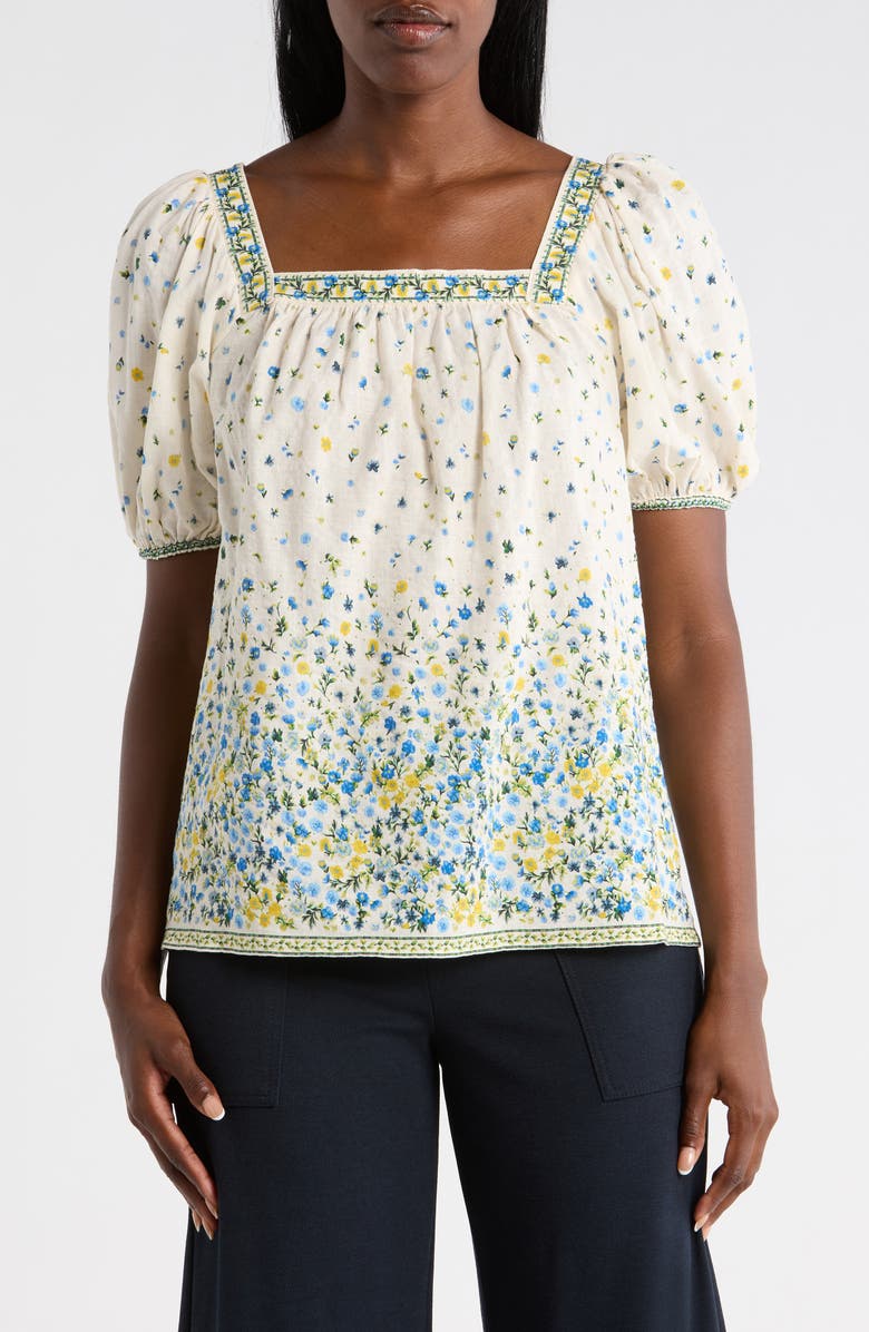 MAX STUDIO Printed Square Neck Top, Main, color, Cream/ Blue Ditsy